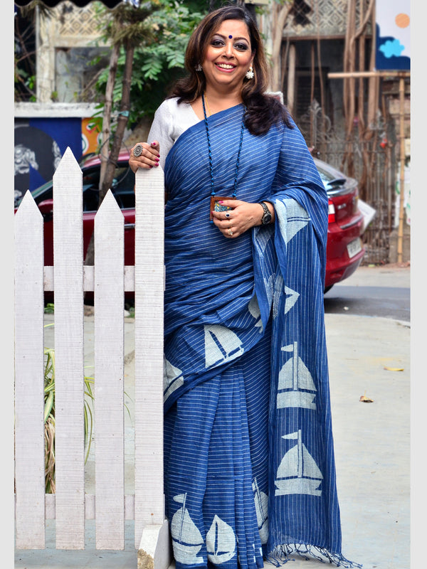 INDIGO COTTON BOAT SAREE